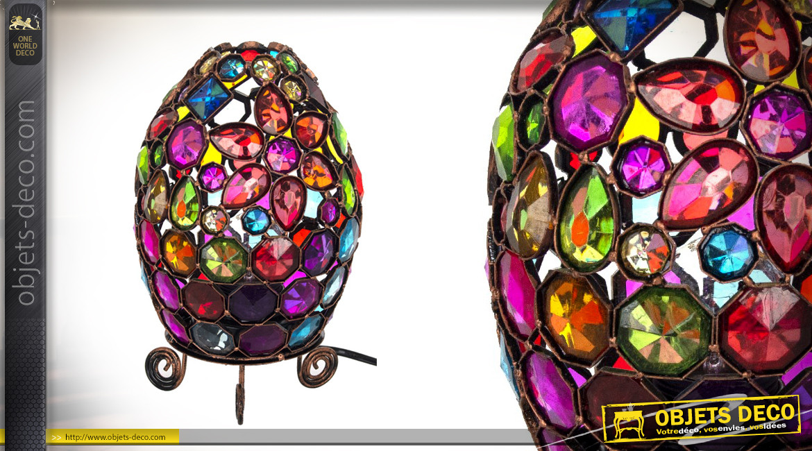 Lampe à poser en métal et acrylique, ambiance orientale multicolore, forme  d'oeuf sur pieds, 24cm