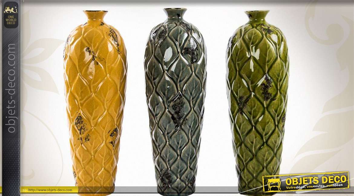 Ensemble de 3 vases en céramiques motifs feuilles d'arbres 40 cm