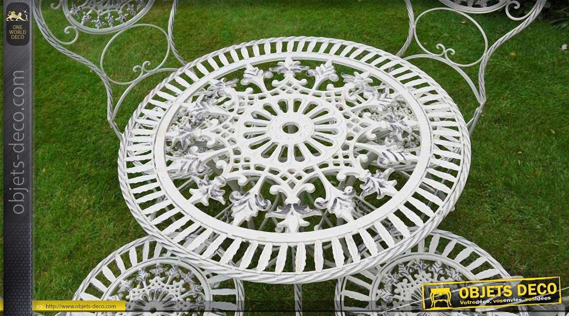 Salon de jardin rétro blanc crème antique fer forgé 4 personnes