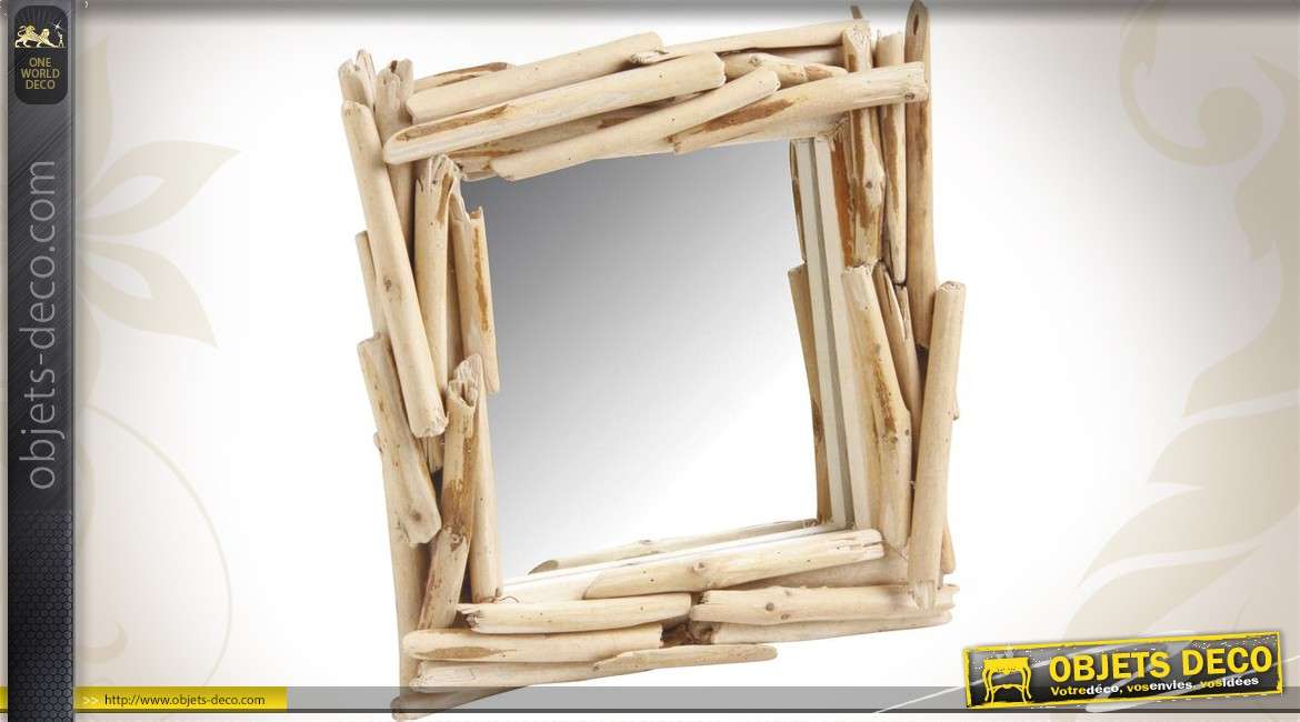 Miroir carré en bois flotté et coquille -  France