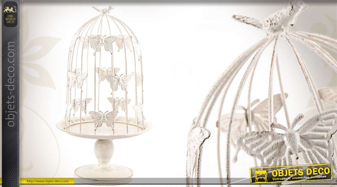 Jardinière En Forme De Cage Doiseaux Métal Blanc Antique 46 Cm