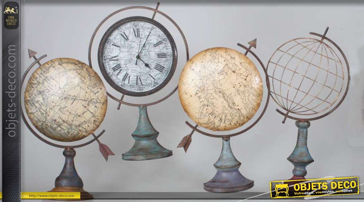 Déco murale horloge sphères armillaires et mappemondes anciennes