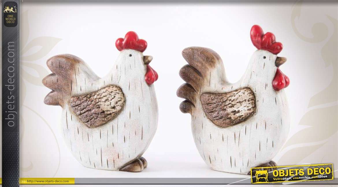 Duo de poules décoratives en céramique blanche peinte 20 cm