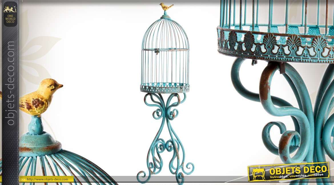 Cage à Oiseaux Sur Pied Style Rétro Coloris Turquoise 91 Cm