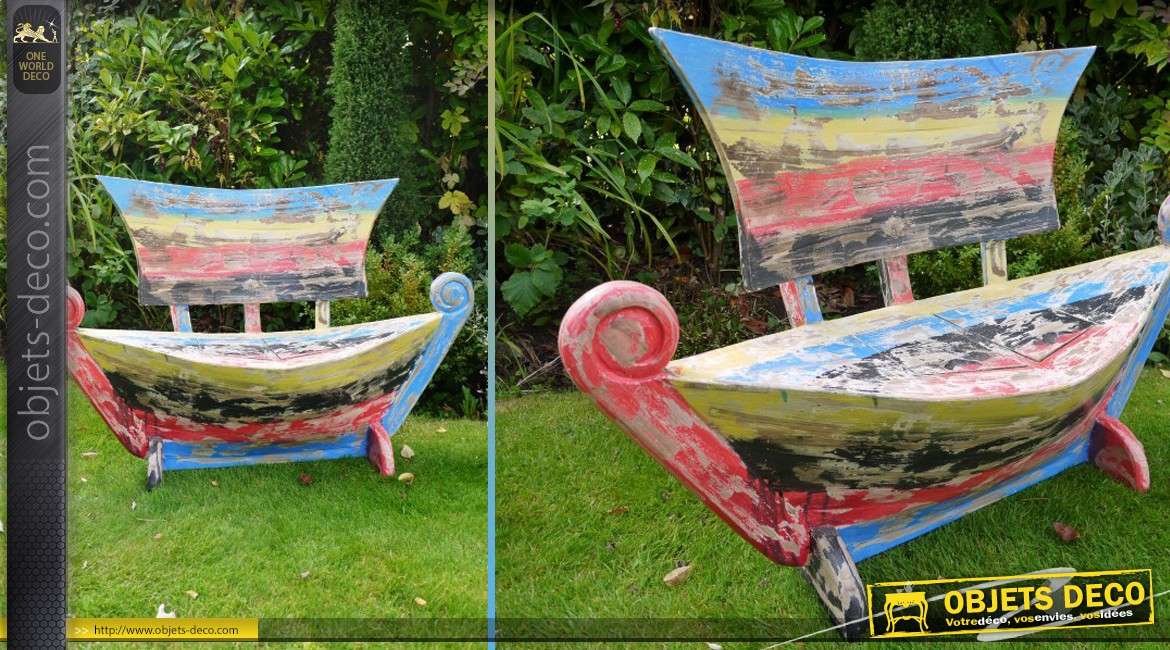 Banc bateau en bois massif avec finition rétro multicolore