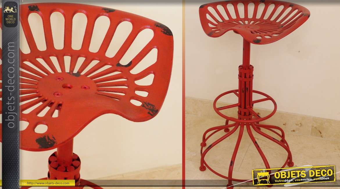 Tabouret en métal style rétro siège de tracteur rouge 77 cm