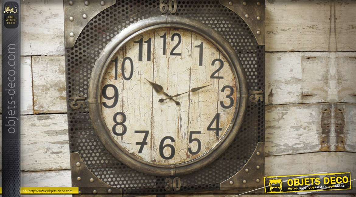 olifant Jood sessie Très grande horloge en bois et métal de style industriel Ø 91,5 cm