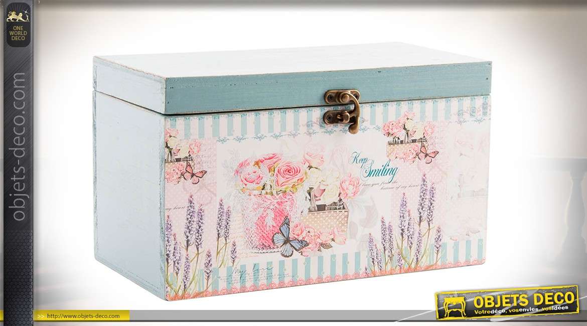 Boîte décorative en bois avec couvercle basculant thème rétro et lavande