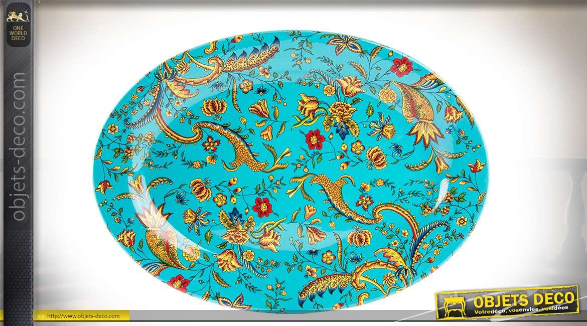 Grand plateau ovale en céramique turquoise à motifs floraux style oriental