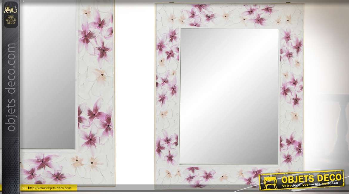 Miroir rectangulaire en bois coloris blanc avec motifs fleurs roses 90 cm