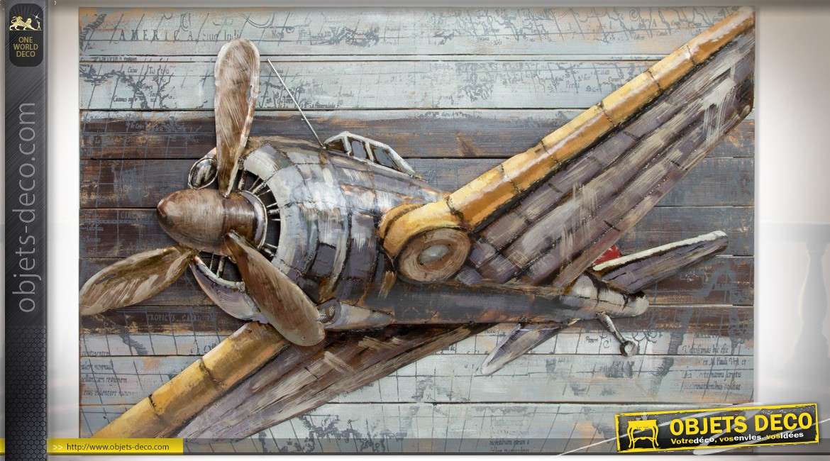 Tableau en bois et métal en relief, avion de guerre rétro à hélice