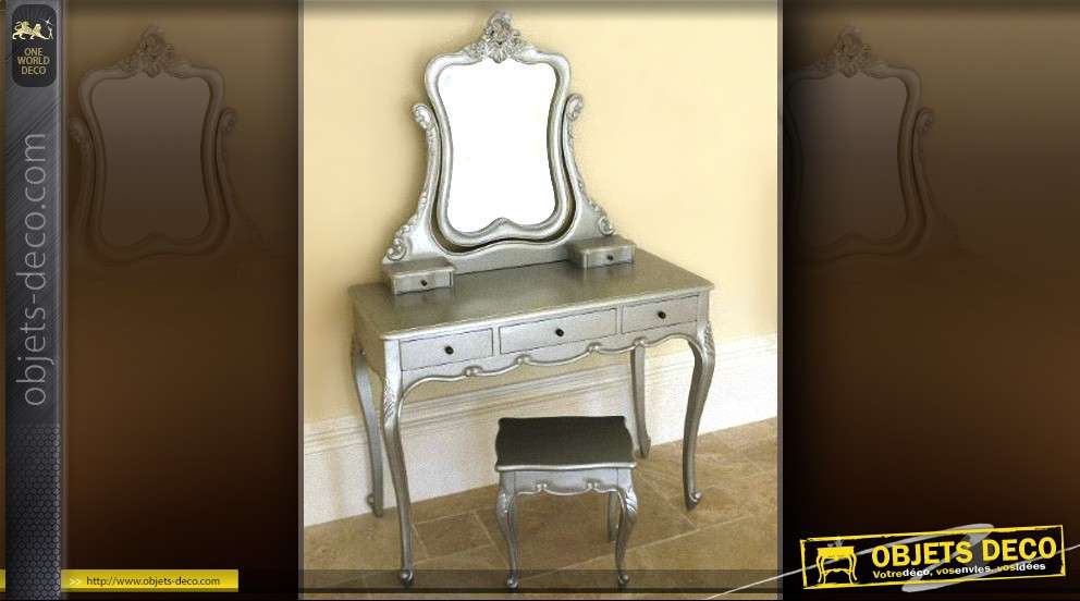 Coiffeuse avec miroir et tabouret finition argent