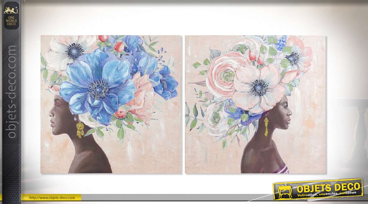 Série de deux tableaux peint, en relief, représentation de fleurs  abstraites, 70cm
