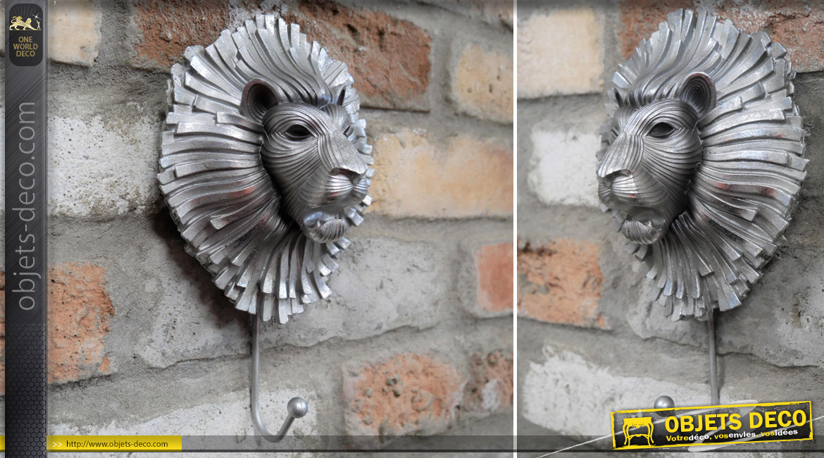 Crochet mural en résine et métal avec tête de lion stylisée esprit ancien  heuretoir de porte, finition dorée, 24cm