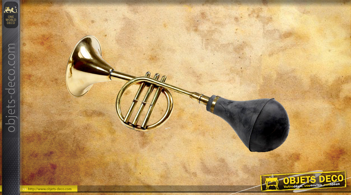 Klaxon trompette en laiton doré et poire en caoutchouc noir ancien, 43cm