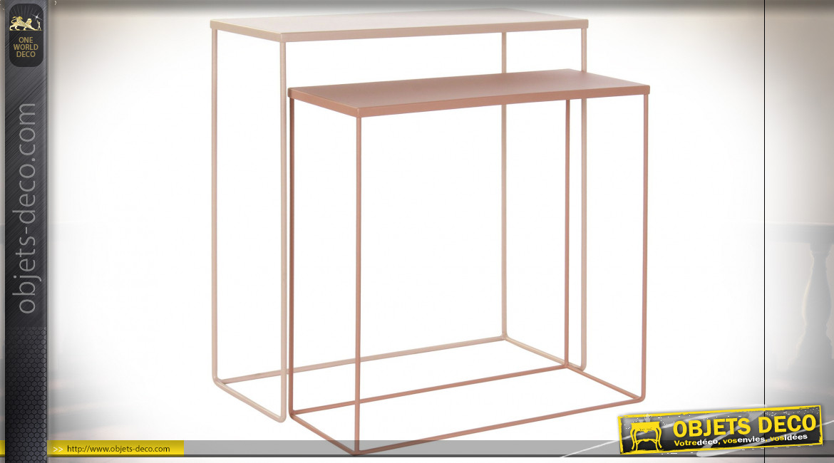 Série de 2 consoles en métal finition rose pâle et rose poudré de style moderne, 64cm