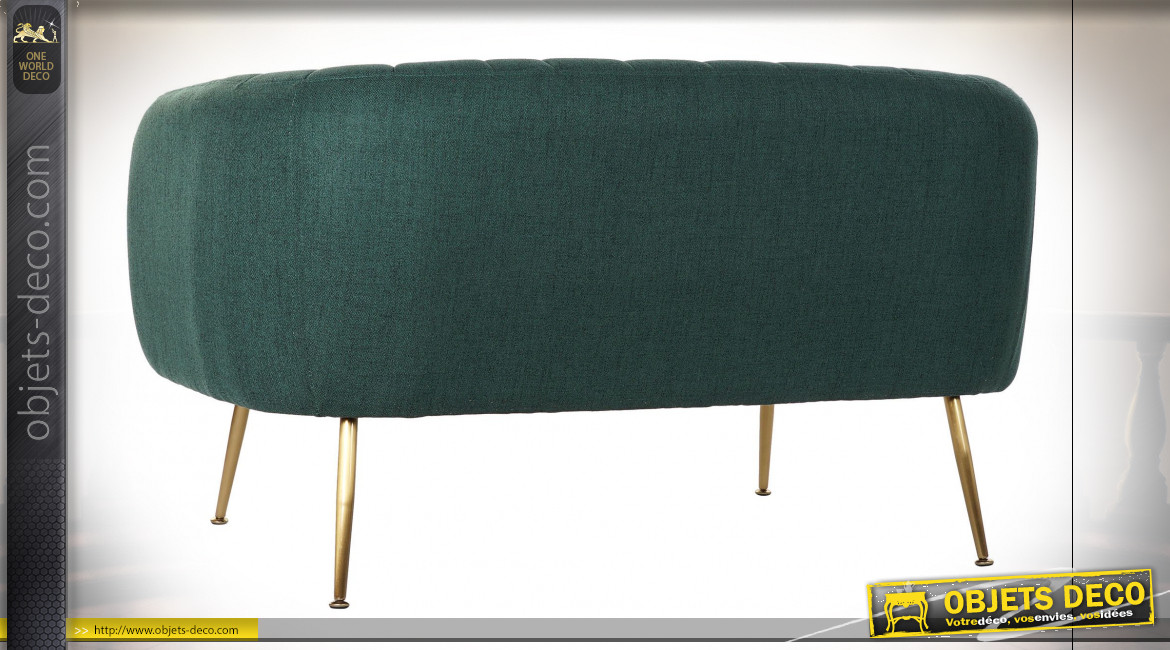 Canapé 2 places en polyester finition vert sapin et pieds en métal doré ambiance rétro, 129cm